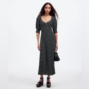 Madewell Navy Ruched Scoopneck Side Slit Midi Dress in Floral Size 4 Puff Sleeve